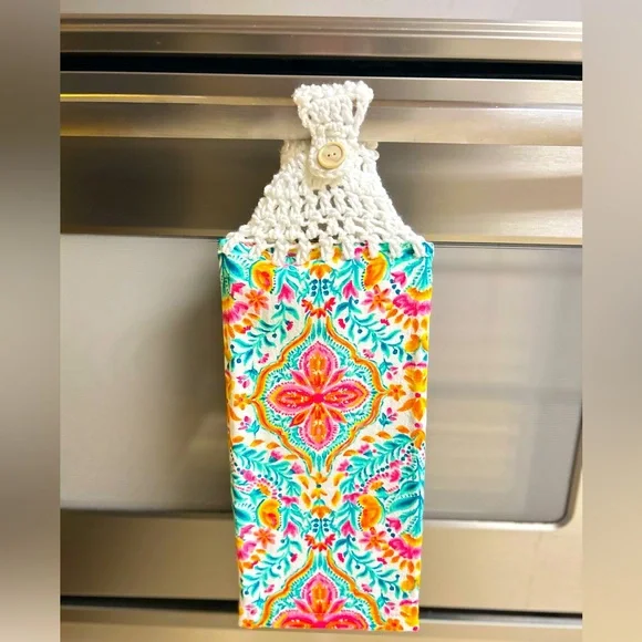 HAND CRAFTED Colorful Floral Crochet Top Hanging Kitchen or Bathroom Hand Towel - Picture 5 of 7